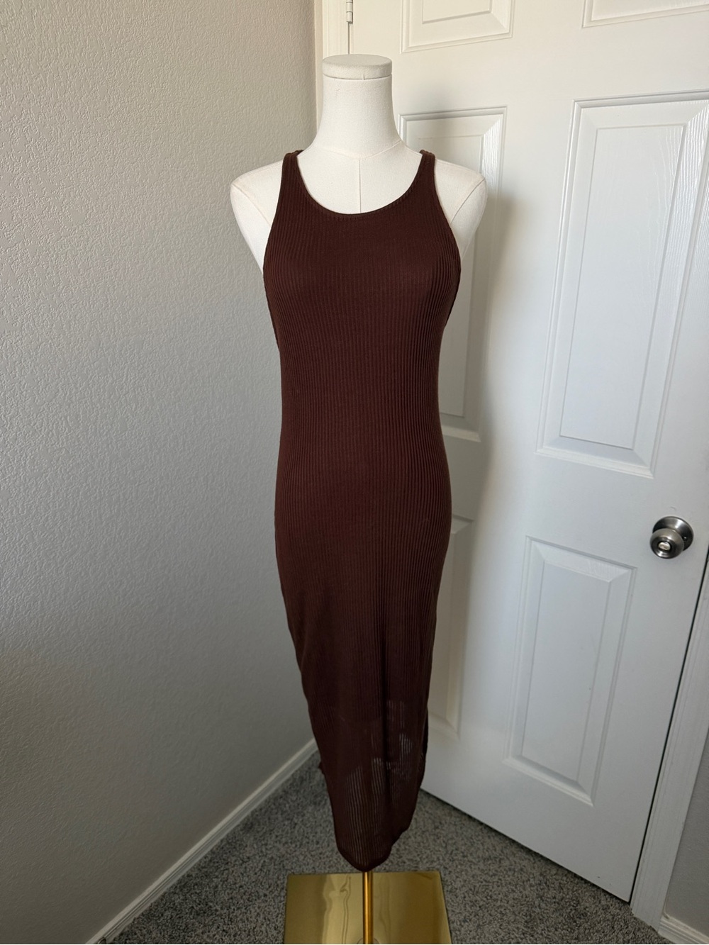 Sparkle & Fade Ribbed Halter Midi Dress in Brown - Picture 2 of 5